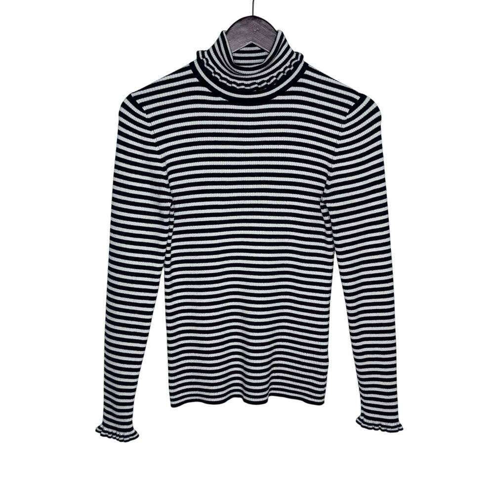 Boden Striped Ribbed Turtleneck Sweater M Navy White Cotton Ruffle Trim